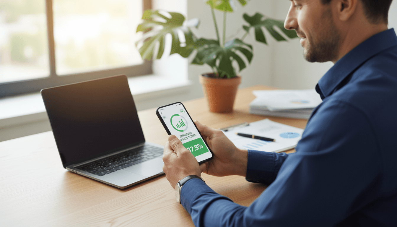 Person confidently viewing improved credit score on smartphone in a modern office setting