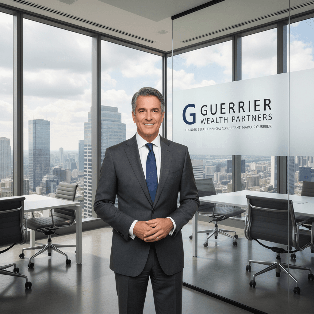 Mature executive Marcus Guerrier in a modern office with city view and natural light.