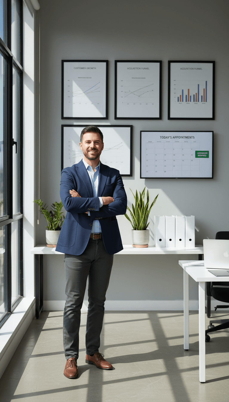 Service business owner standing confidently in modern office surrounded by customer acquisition metrics and booking systems