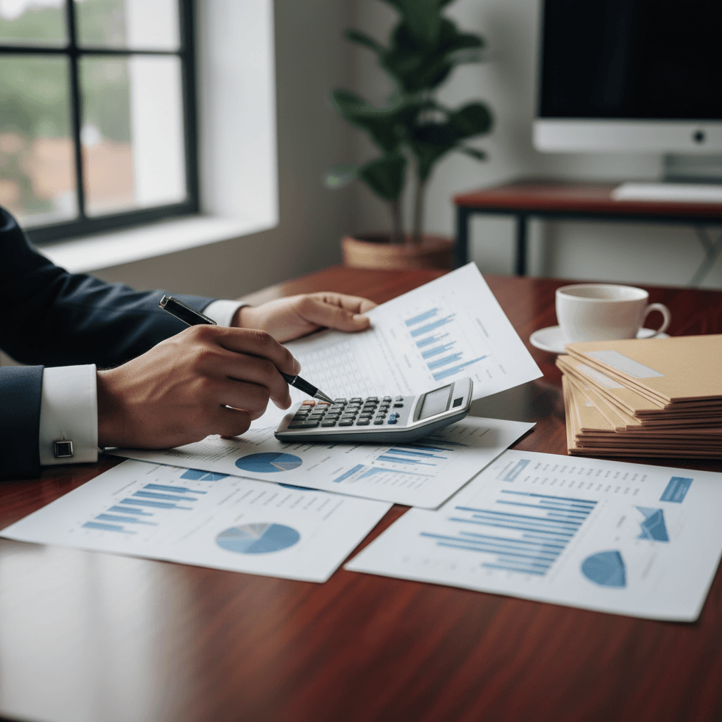Professional woman reviewing financial documents at her desk